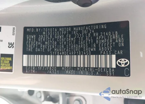 2024 Toyota Corolla Le from USA, damaged, VIN 5YFB4MDE4RP183450